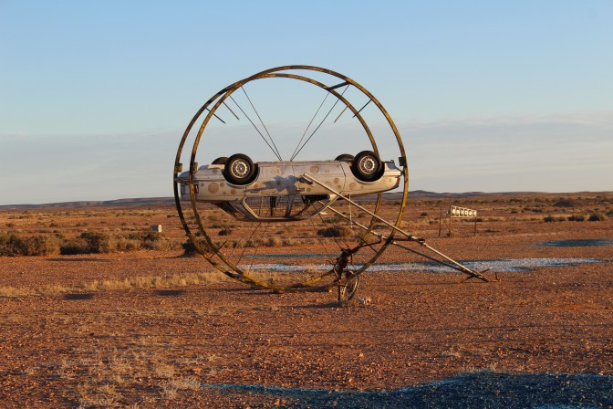 Upsidedown car in sculpture park, Oodnadatta Track