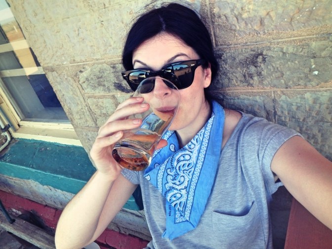 Shelley having a beer at the Maree Hotel, South Australia