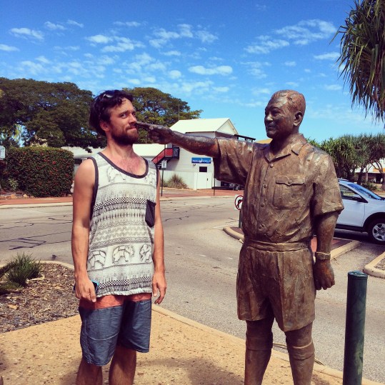 Gareth with statue, Broom town centre, Western Australia