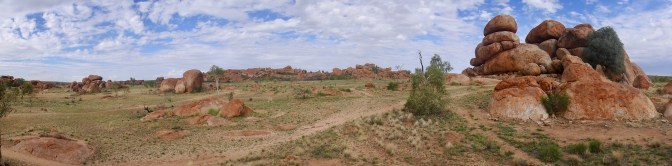 Wide shot, Devil's Marbles Karlu Karlu rock formation Northern Territory, Australia